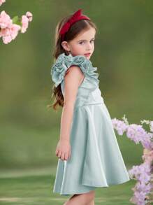 SHEIN Leap Crew Young Girl Asymmetrical 3D Rose Flower Petal Decor Off-Shoulder Sleeveless Solid Color A-Line Dress, Burgundy Color, Ramandan Style Matching Family Vacation, Vintage & Cute & Elegant & Fashionable, Partywear, Gorgeous Princess, Mom And Daughter & Sisters Matching.Spring/Summer - Green - View 4