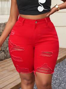 SHEIN SXY Pantaloni scurți din blugi versatili, cu dimensiuni plus, ținute de vară pentru femei, pantaloni scurți roșii, ținute scurte pentru femei, ținute de vară pentru femei, ținute de festival, ținute elegante de vacanță, pantaloni scurți de motociclist pentru femei, haine de vară pentru femei, pantaloni scurți de jeans pentru femei