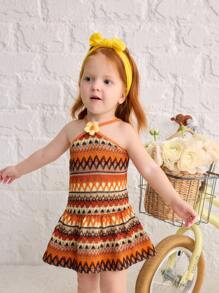 SHEIN Gaun Bayi Perempuan Kasual Sederhana Nyaman Model Halterneck Bergaris Motif Bunga 3D - Jeruk - View 4