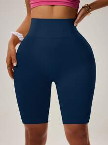 Easithlete Pantalones cortos deportivos de mujer de cintura alta sin costuras, elásticos, de unicolor, pantalones cortos de sudor, pantalones cortos de gimnasia, pantalones cortos tipo ciclista - Azul Marino - Ver 6
