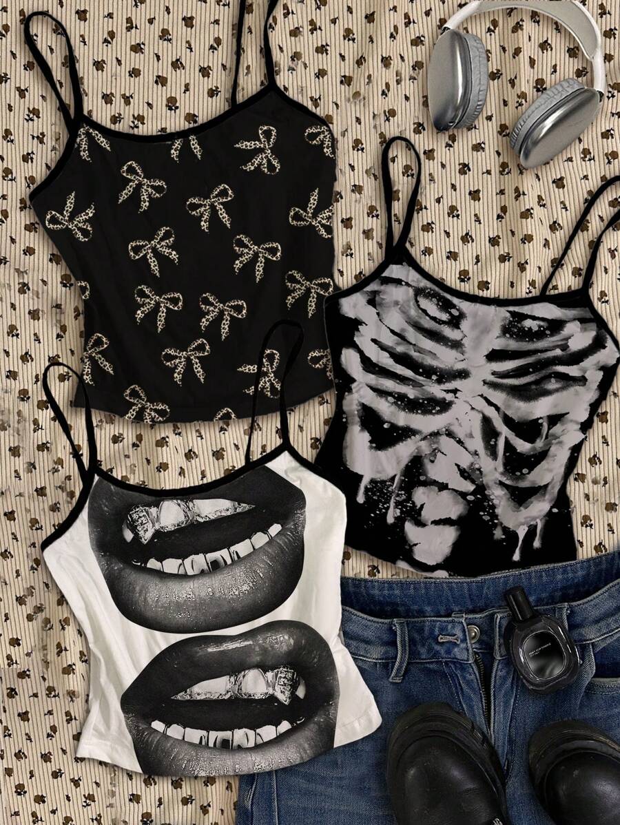 Attitoon 3 Set Multicolor Vintage Rock N' Roll Lips, Leopard Print Bow, Skeleton Graphic Design, Sexy Style, Cute Y2K Boho Music Festival Spaghetti Strap Camisole Tank Top For Women, Summer Back To School