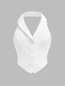 SHEIN Blusa sin mangas de chaleco con cuello para niñas preadolescentes en color blanco puro