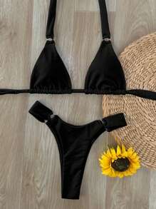 Swim SXY 2pcs New Fashionable Women Beach Holiday Outfits, Strap Solid Color Summer Two Pieces Bikini Set Sets Search Black Vacation - Black - View 2