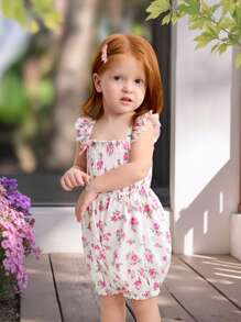 SHEIN Baby Girl Casual Romper With Ruffles And Bow Decor, Comfortable & Simple - Pink - View 4