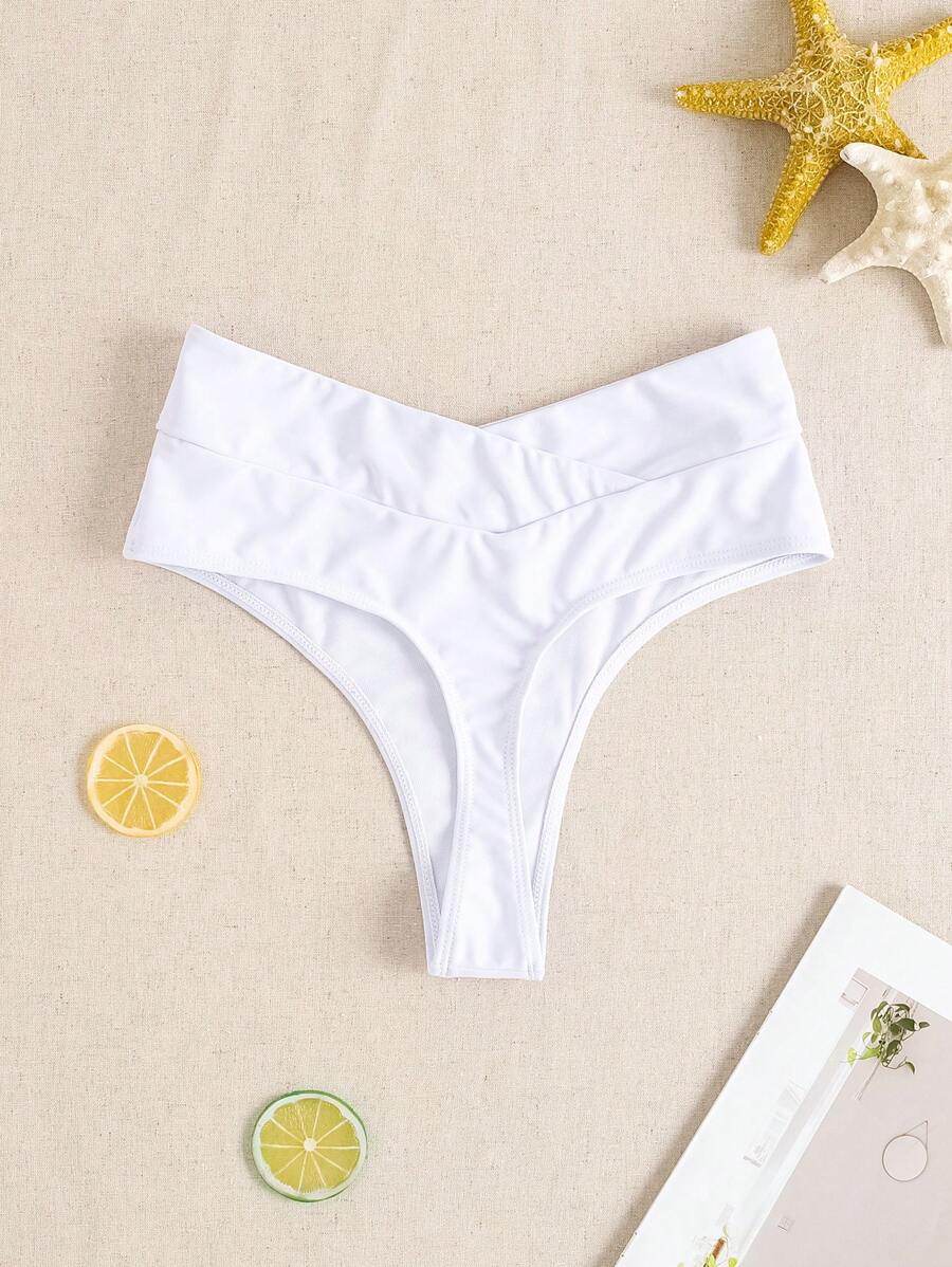 SHEIN 女士纯色性感交叉腰比基尼泳裤，夏季新品 - 白色 - 查看 1