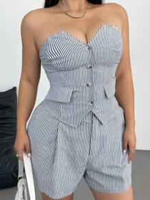 POPSWAY 2pcs Plus Size Women Striped Open Shoulder Shirt Top & Striped Pocket Hem Shorts Set, Spring/Summer