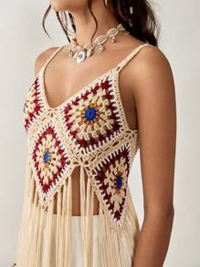 Florisole 女士镂空针织长开衫，波西米亚风格无袖钩花流苏度假装 - 杏色 - 查看 1