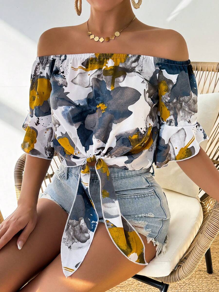 Breezaya Damen Urlaubs Hawaiian Stil bedrucktes Off-Shoulder Bluse ohne Träger für den Sommer