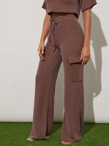 Denimoi Textured Knit Cargo Straight Leg Casual Everyday Wear Pull On Pants - Brown - View 1