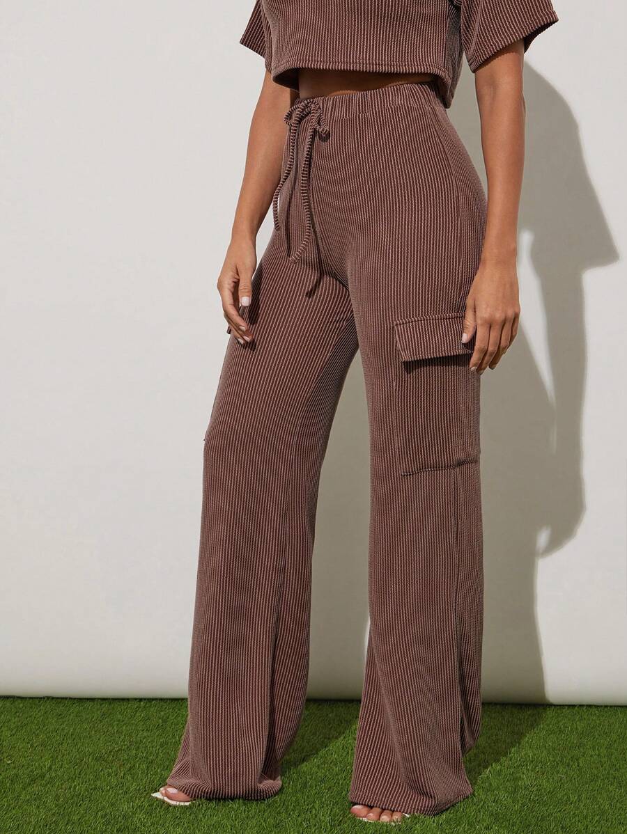 Denimoi Textured Knit Cargo Straight Leg Casual Everyday Wear Pull On Pants - Brown - View 1