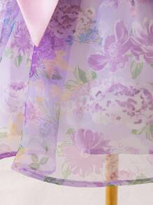 SHEIN Tween-Mädchen Organza-Kleid mit Blumendruck und Schleife und Puffärmeln, Prinzessinnenkleid, geeignet für Frühlingsausflüge, Urlaub, Geburtstagsfeiern, Abschlussbälle, Hochzeitssaison - Violett - Übersicht 4