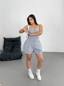 POPSWAY 2pcs Plus Size Women Striped Open Shoulder Shirt Top & Striped Pocket Hem Shorts Set, Spring/Summer