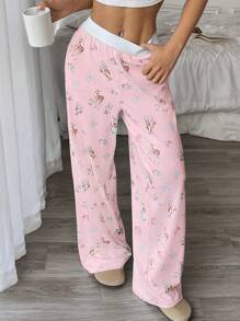 Flirla 女士休闲家居可爱鹿动物印花松紧腰宽松针织裤 - 淺粉色 - 查看 3