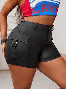 SHEIN Pantalones cortos pitillo con estilo cargo de mujer de talla grande, de color negro con recubrimiento elástico - Negro - Ver 2