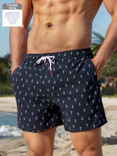 Manfinity Swimmode Swim Trunks For Men Drawstring Waist Security Pockets Lightweight 4-Way Stretch Anchor Prints For Resort Casual,Beach Vacation Navy Blue Fabric Non-Stretch Lined Beach Shorts, Hawaiian