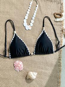 SHEIN Swim Women's Solid Color Floral Trim Beaded Bikini Top, Casual & Comfortable For Resort & Swimming - Black - View 1