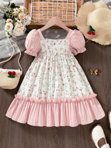 SHEIN Vestido de niña con mangas abullonadas, decoración de lazo, bloque de color y estampado floral ditsy - Estilo campestre encantador, apropiado para uso diario y de vacaciones