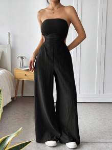SHEIN EZwear 夏季性感纯色露肩露背连体裤 - 黑色 - 查看 7