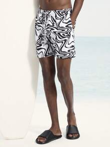 Surfspeed Men's Summer Casual All-Over Print Drawstring Waist Beach Shorts - Black - View 7