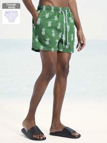 Surfspeed Men's Pineapple Print Drawstring Waist Beach Shorts, Summer - Army Green - View 1