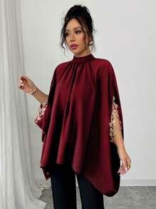 Elenzga 全新春夏蝙蝠袖黑色设计宽松优雅花卉蕾丝边女式衬衫 - 酒紅色 - 查看 7