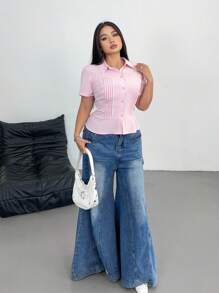 Flirla Ruched Waist Short Sleeve Pink Blouse, Simple Fashion Versatile Fitted Button-Up Polo Collar Tops - Pink - View 5