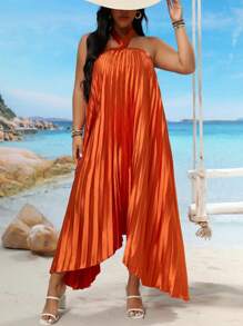 SHEIN Clasi Plus Size Pleated Strap A-Line Dress For Women, Vacation Wear - Orange - View 3