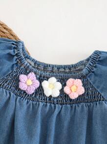 Cozy Pixies Baby Girl Ruffle Trim Denim Short Sleeve Square Neck Waisted Casual Dress - Blue - View 7