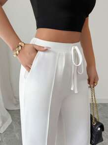 Elenzga 女士夏季白色优雅腰带设计直筒裤，高品质小众设计 - 白色 - 查看 3