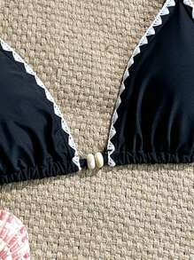 SHEIN Swim Women's Solid Color Floral Trim Beaded Bikini Top, Casual & Comfortable For Resort & Swimming - Black - View 3