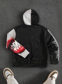 PAVTROS Sudadera con capucha de bloques de color con estampado de letra para hombre