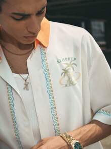 AXEPEAK Men's Casual Woven Colorblock Collar Palm Tree Digital Print Short Sleeve Shirt - Multicolor - View 5