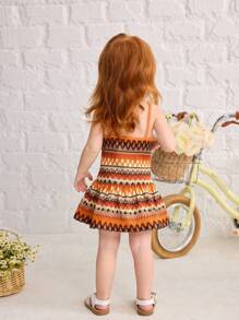 SHEIN Gaun Bayi Perempuan Kasual Sederhana Nyaman Model Halterneck Bergaris Motif Bunga 3D - Jeruk - View 11