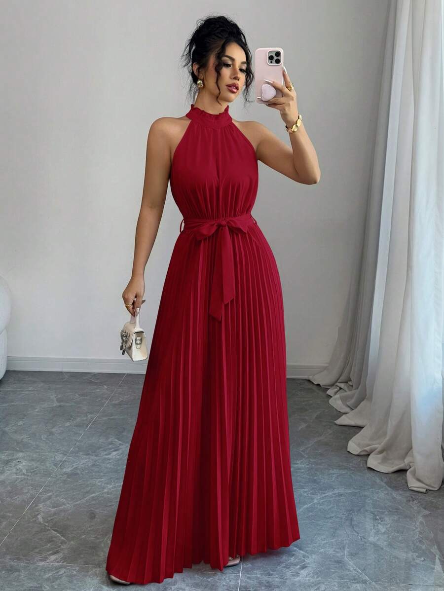 Elenzga Váy chữ A xếp ly cổ bèo nhún ngày lễ tình nhân dành cho nữ - Đỏ - Xem 1