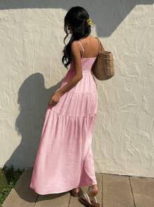 Sunnyshic 浅杏色纹理面料褶皱吊带背心宽松飘逸连衣裙，无袖，迷人，休闲度假风格 - 粉色 - 查看 2
