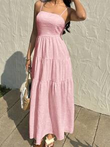 Sunnyshic 浅杏色纹理面料褶皱吊带背心宽松飘逸连衣裙，无袖，迷人，休闲度假风格 - 粉色 - 查看 6