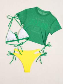 Swim SXY Women's Fashion Sports Style Solid Color Strappy Tankini Swimsuit Top With Hollow Drawstring Swimsuit Shorts & Brazilian Flag Print Mesh Cover-Up Bikini 3-Piece Set, Suitable For Holiday Beach For Summer Beach Vacation - Multicolor - View 7