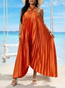 SHEIN Clasi Plus Size Pleated Strap A-Line Dress For Women, Vacation Wear - Orange - View 1