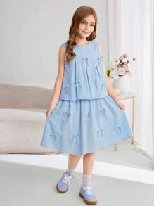 SHEIN Tween Girls Comfort Solid Color Crew Neck Sleeveless Top And A-Line Skirt Set - Blue - View 9