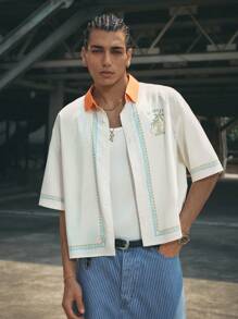 AXEPEAK Men's Casual Woven Colorblock Collar Palm Tree Digital Print Short Sleeve Shirt - Multicolor - View 1