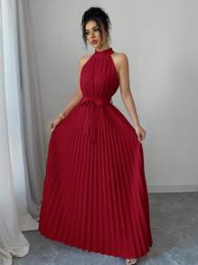 Elenzga Váy chữ A xếp ly cổ bèo nhún ngày lễ tình nhân dành cho nữ - Đỏ - Xem 4