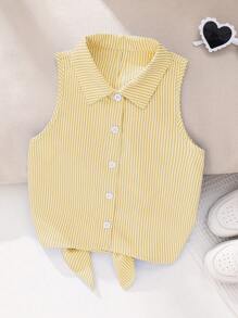 年轻女孩时尚编织条纹不对称下摆休闲衬衫 - 黃色 - 查看 4