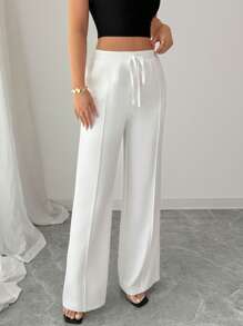 Elenzga 女士夏季白色优雅腰带设计直筒裤，高品质小众设计 - 白色 - 查看 5
