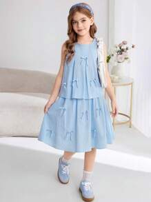 SHEIN Tween Girls Comfort Solid Color Crew Neck Sleeveless Top And A-Line Skirt Set - Blue - View 7