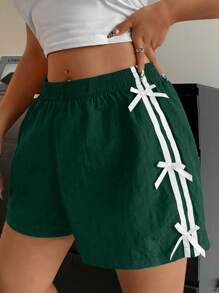 POPSWAY Plus Size Summer Casual Sports Bowknot Patchwork Striped Shorts - Dark Green - View 6