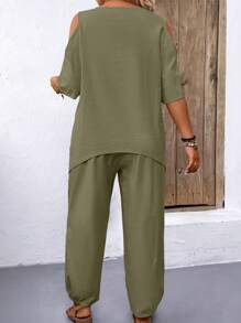 Joress Set Estivo per Donne Taglie Forti di colore solido con Top con Spalle Scoperte e Pantaloni Casual Larghi, 2 pezzi
