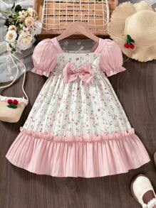 SHEIN Vestido de niña con mangas abullonadas, decoración de lazo, bloque de color y estampado floral ditsy - Estilo campestre encantador, apropiado para uso diario y de vacaciones