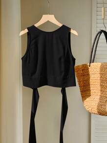 Comfortcana 夏季女士黑色亚麻交叉露背休闲/度假吊带背心