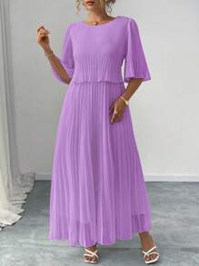Elenzga Plus Size Elegant Chiffon Draped Midi Dress For Women, Spring/Summer - Mauve Purple - View 5