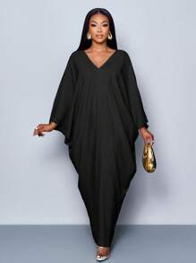 SOLERSUN Women's Plus Size Spring/Summer Elegant Vacation Solid Color V Neck Batwing Split Hem Long Dress - Black - View 4